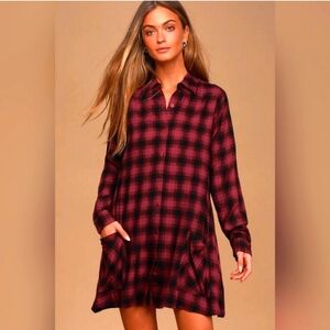 Lulu's Blissful Weekend Burgundy Plaid Shirt Dress